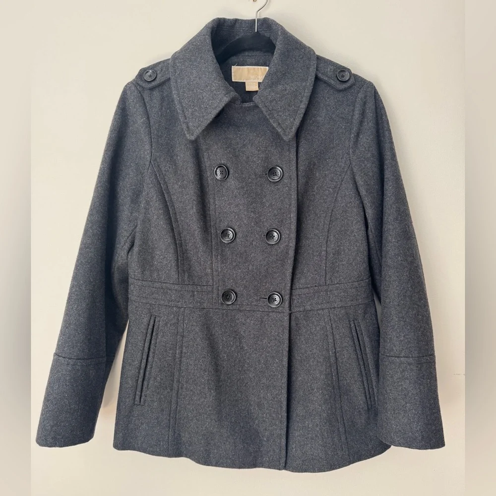 Michael Kors Wool-Blend Double-Breasted Peacoat Jacket - Dark Gray - M Medium